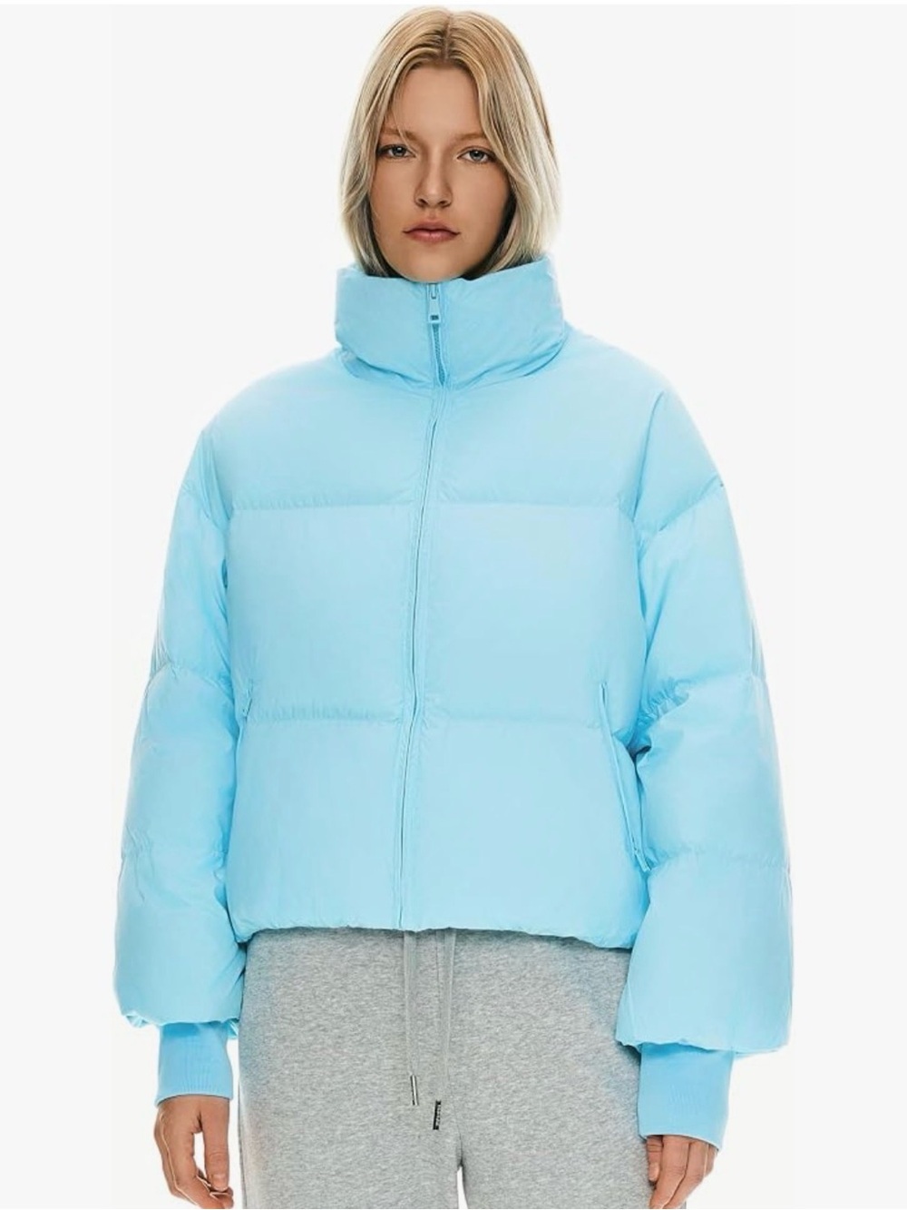 Orolay aqua Blue Cropped High-Collar down Puffer Jacket front zip size small